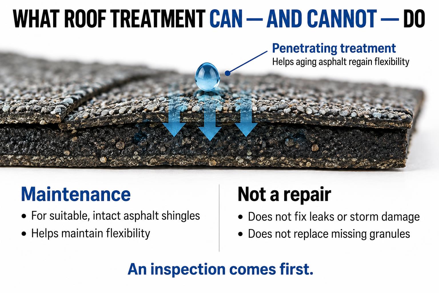 Penetrating treatment enters the asphalt to help maintain flexibility. It is maintenance for suitable intact shingles, not a repair for leaks, storm damage or missing granules.