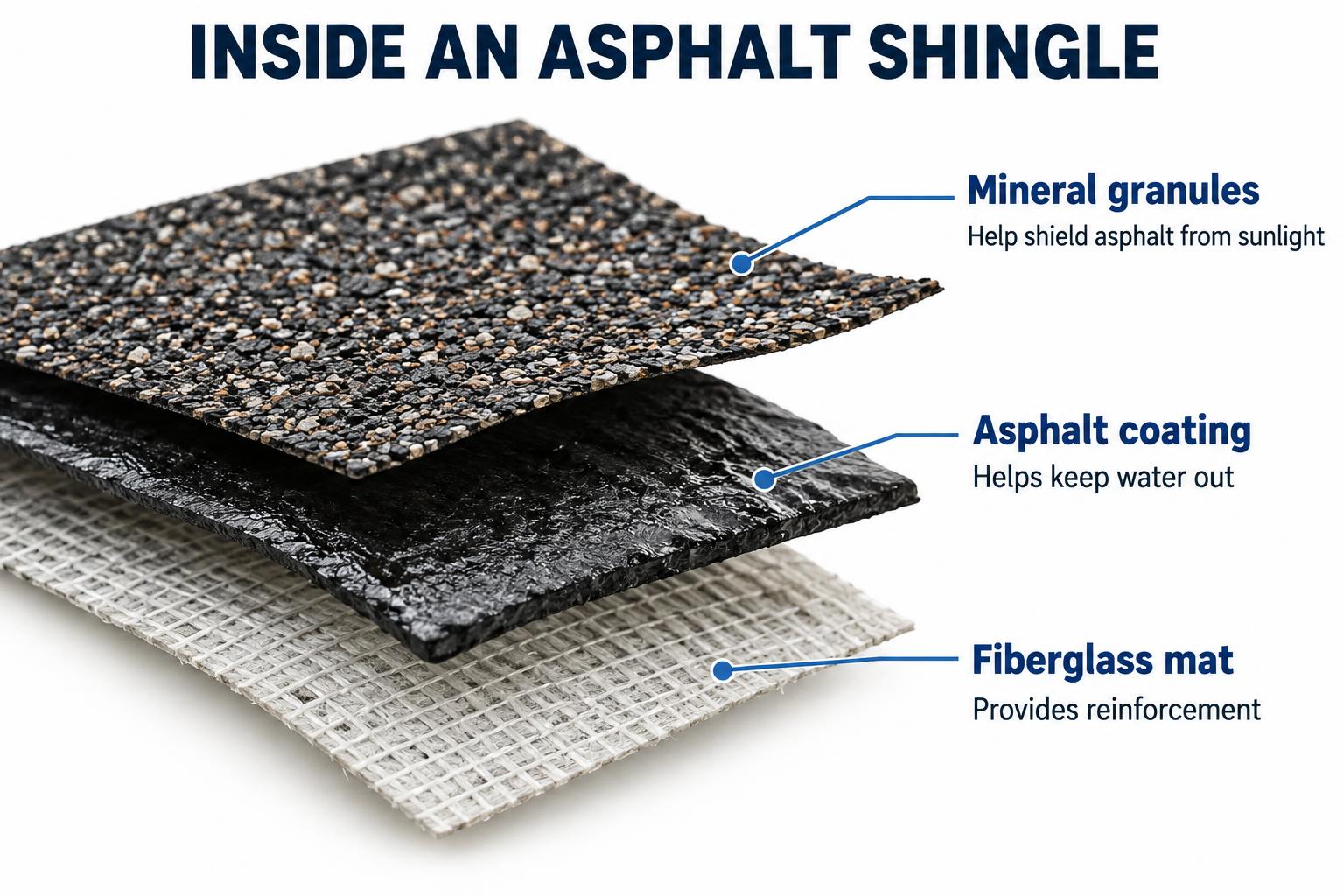 Asphalt shingle layers: mineral granules shield asphalt from sunlight, asphalt helps keep water out, and a fiberglass mat provides reinforcement.